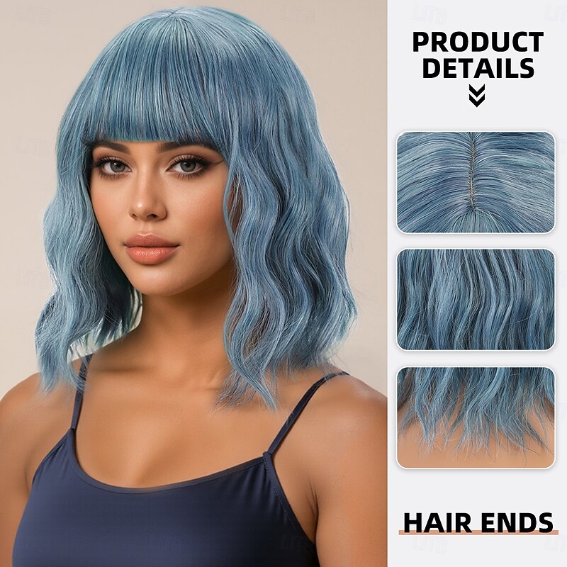 Synthetic Wig Wavy Water Wave Layered Haircut Neat Bang Machine Made Wig 12 inch A1 Synthetic Hair Women's Classic Adorable Comfortable Blue2