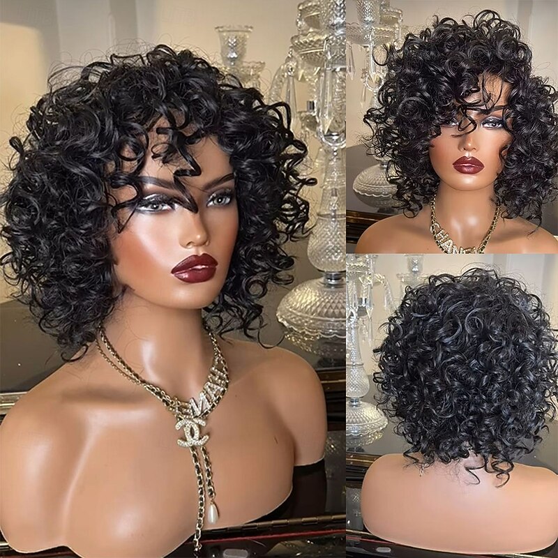 Human Hair 5x5 Closure 13x4 Lace Front Wig With Bangs Brazilian Hair Loose Wave Black Wig 130% 150% Density 100% Virgin Glueless Pre-Plucked For Women Short Human Hair Lace Wig - Main Image
