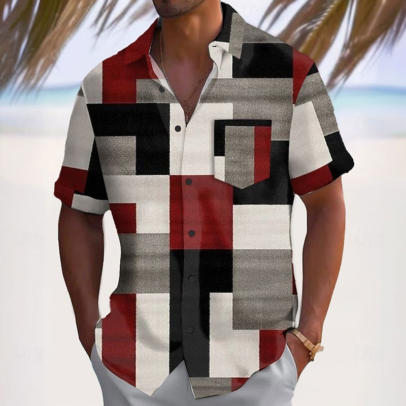 Men's Geometric Color Block Patchwork Shirt Casual Shirt Button Up Shirt Short Sleeve Fashion Casual Vacation Dailywear Holiday Summer Spring Turndown 3D Print Collared Shirts Front One Pocket Red