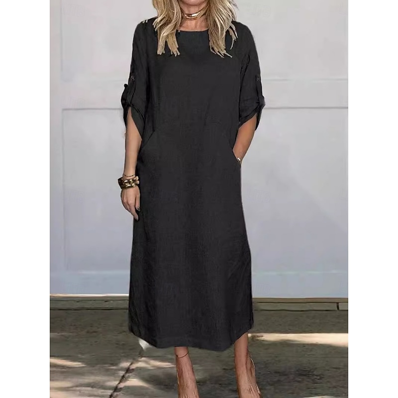Women's Maxi Dress A Line Dress Summer Dress Linen Casual Daily Regular Fit Graphic Plain 3/4 Length Sleeve Crew Neck Black White Red Blue Summer4