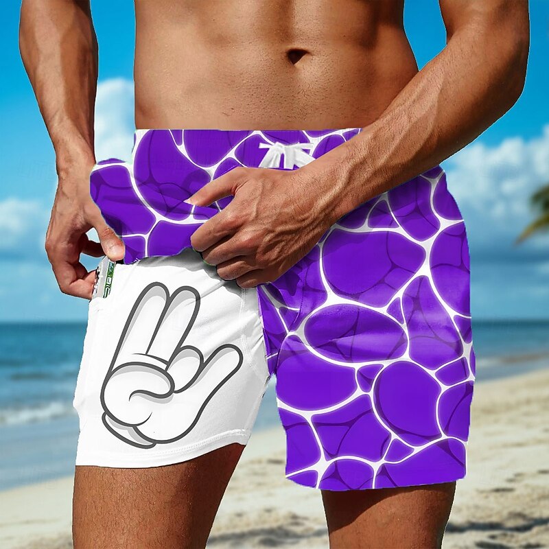 Men's Seawater Cartoon Hand Print Lined Shorts 2 in 1 Board Shorts Swim Shorts Mid Waist Hawaiian Holiday Beach Wear Side Pockets With Compression Liner Elastic Drawstring Waist Designer Clothing4