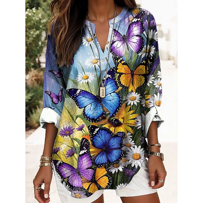 Women's Blouse Tunic V Neck Long Sleeve Boho Casual Floral Graphic Butterfly Elegant Daily Ladies Regular Tops Daily Print Blue Purple Beige3