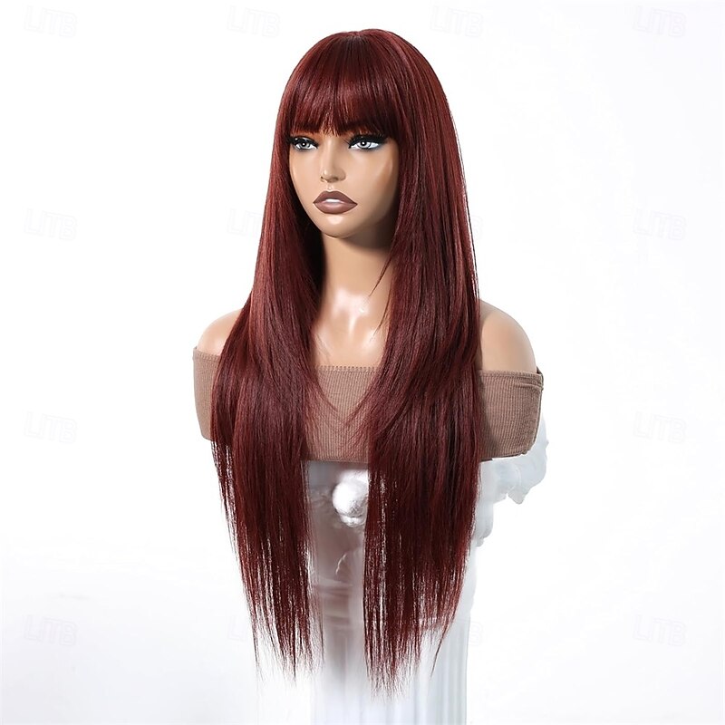 Reddish Brown Synthetic Wig with Bangs Auburn Glueless Long Straight Layered Wigs for Women 28 Inch4
