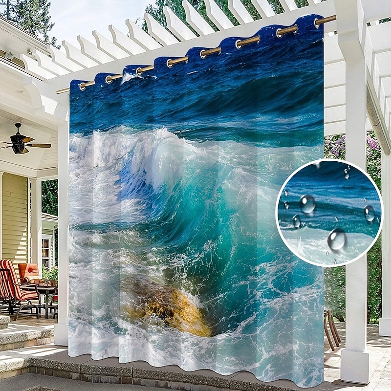 Waterproof Outdoor Curtain Privacy, Sliding Patio Curtain Drapes, Pergola Curtains Grommet 3D Ocean Wave Landscape For Gazebo, Balcony, Porch, Party, 1 Panel