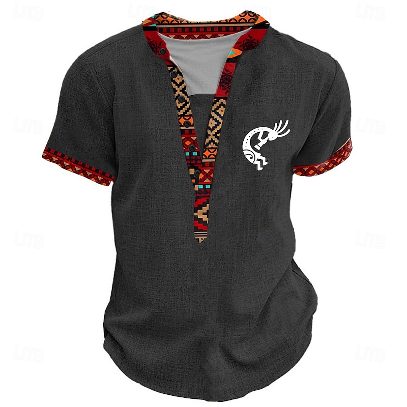 Men's Graphic Tribal Henley Shirt Short Sleeve 3D Print Fashion Designer Basic Daily Summer Light Blue Black Green Khaki Henley Henley T-Shirt