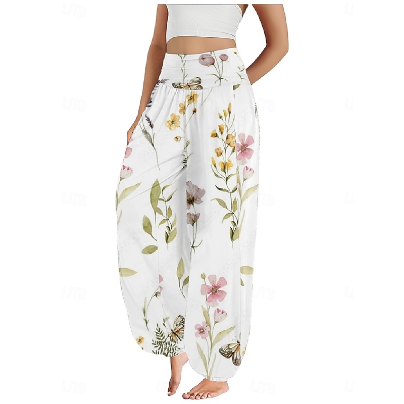 Women's Linen-Inspired Pants Wide Leg Pants Trousers Ethnic Style Casual Boho Full Length High Waist Floral Pocket Elastic Waist Printing Breathability Soft Micro-elastic Outdoor Yoga White Light