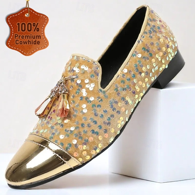 Men's Gold Leather Sequin Loafers with Tassels – Prom and Party Dress Shoes for Evening Events, Stage Performances and Weddings