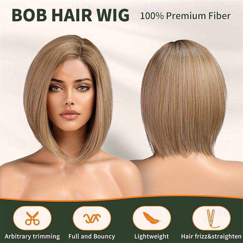 Ombre Blonde Short Bob WigsAsh Blonde Straight Shoulder Length Wigs for WomenMiddle Part Heat Resistant Fibre Synthetic Wig Daily Use2