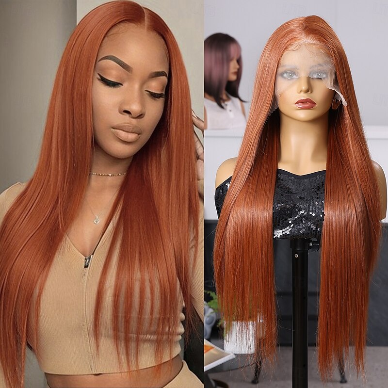 Synthetic Lace Wig Straight Style 32 inch Orange Middle Part 13x6 Lace Front Wig Women's Wig Orange / White / Blue