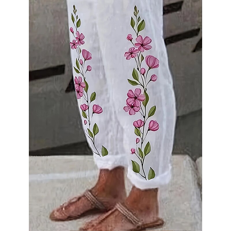 Women's Cotton Linen Pants Baggy Pants Linen Like Beach Shorts Vacation Vintage Fashion Full Length High Waist Floral Graphic Butterfly Printing Thermal Warm Breathable Soft Micro-elastic Formal3