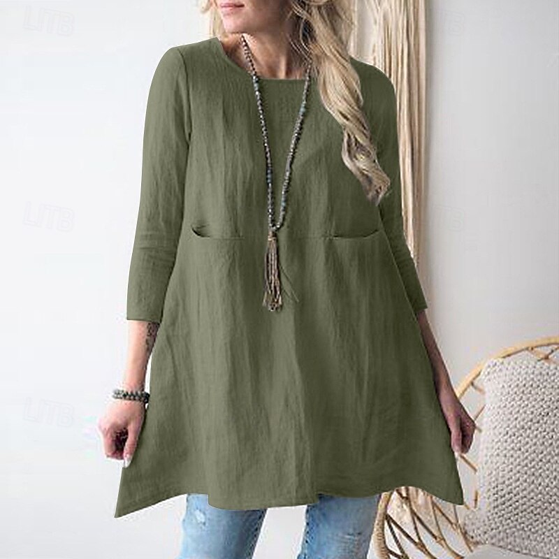 Women's Cotton Linen Shirts Plain Daily Stylish Basic 3/4 Length Sleeve Crew Neck Regular Tops Work Daily Holiday Pocket Black Army Green Khaki Spring Fall