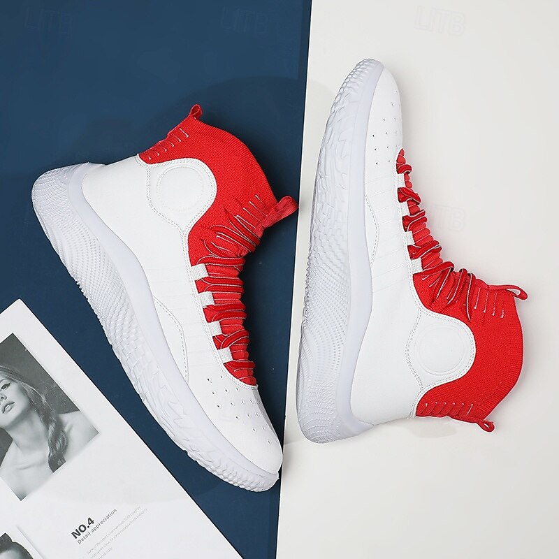 Men's Red and White High-Top Basketball Sneakers with Shock Absorption – Premium Comfort and Durability for Athletic Performance4
