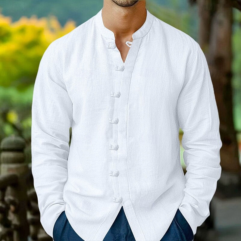 Men's Shirt Linen Shirt Summer Shirt Casual Shirt Beach Shirt Button Up Shirt Plain Vacation Casual Black White Navy Blue Khaki Long Sleeve Band Collar Spring & Summer Clothing Apparel