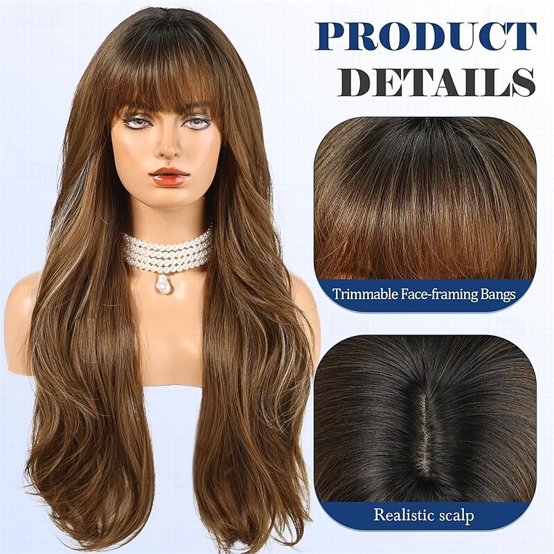 Long Ombre Brown with Highlight Wig with Bangs Layered Curly Wigs for Women Natural Synthetic Wigs for Daily Use3