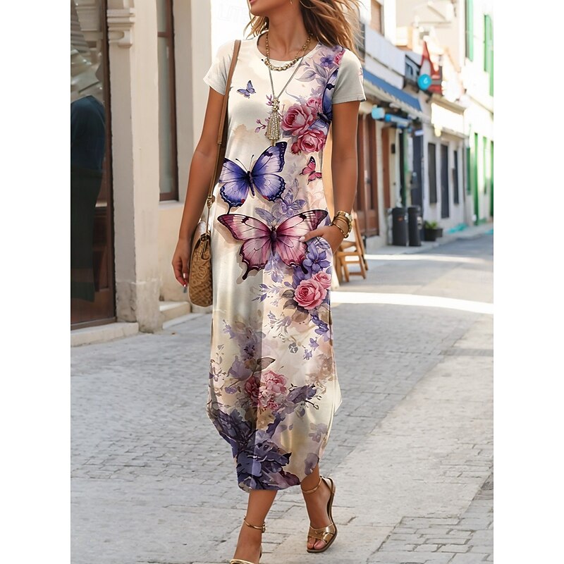 Women's Midi Dress T Shirt Dress Tee Dress Summer Dress Vacation Casual Beach Daily Tea Party Going out Regular Fit Floral Graphic Butterfly Short Sleeve Crew Neck Red Sky Blue Green Dark Blue Summer3