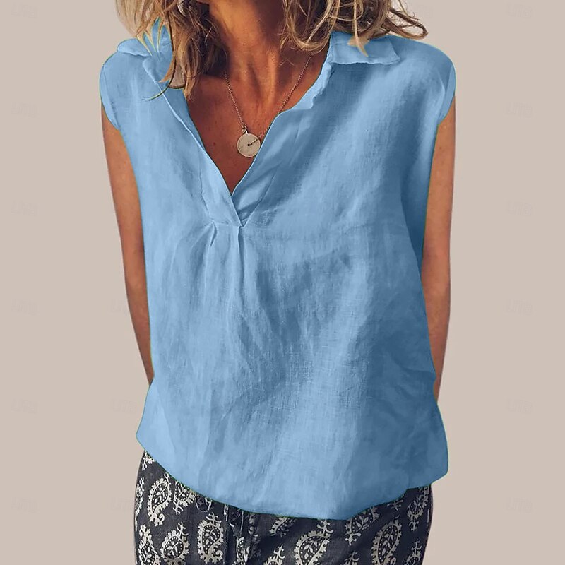 Women's Cotton Linen Camisole Tank Top Solid Color Elegant Stylish Casual Sleeveless V Neck Regular Tops Daily Holiday White Pink Blue Green Summer Spring