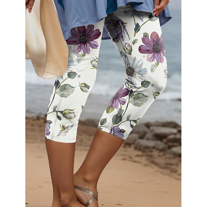 Women's Leggings Capri Pants High Elasticity Vacation Vintage Fashion Calf-Length High Waist Floral Graphic Geometic Printing Thermal Warm Breathable Soft  Outdoor Daily Pink Blue Purple Summer3