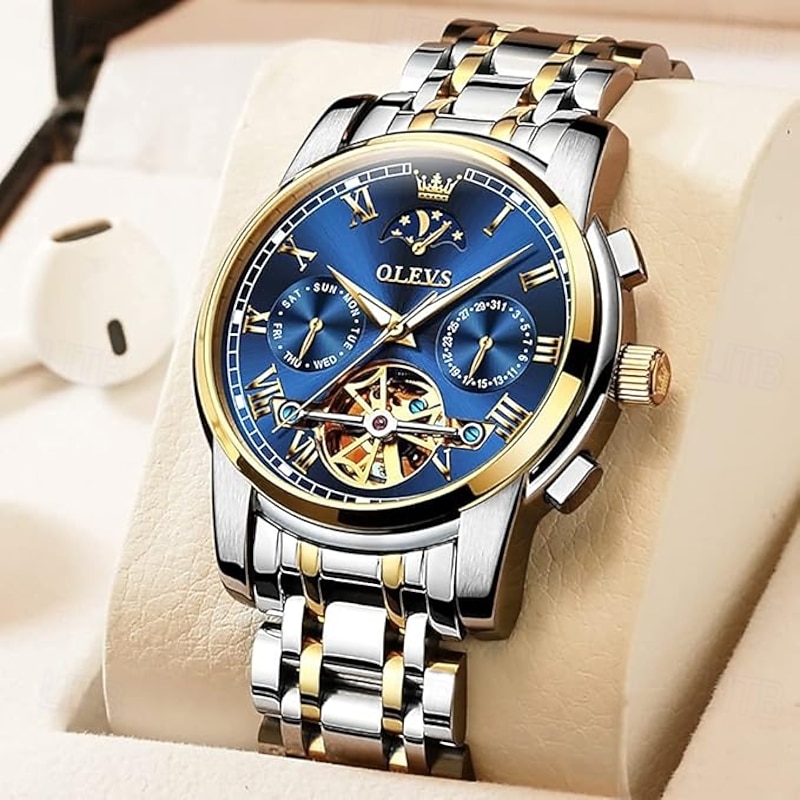 OLEVS Men Mechanical Watch Calendar Luxury Waterproof Fashion Automatic Self-winding Moon phase Luminous Stainless Steel Strap Watch