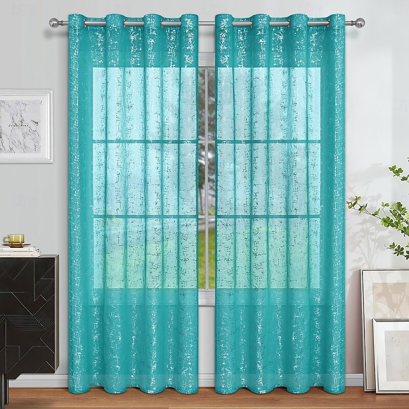 Sheer Curtain with Pattern Grommet Top Window Treatments Circle Printed Sheer for Bedroom, Turquoise Grey 1 Panel