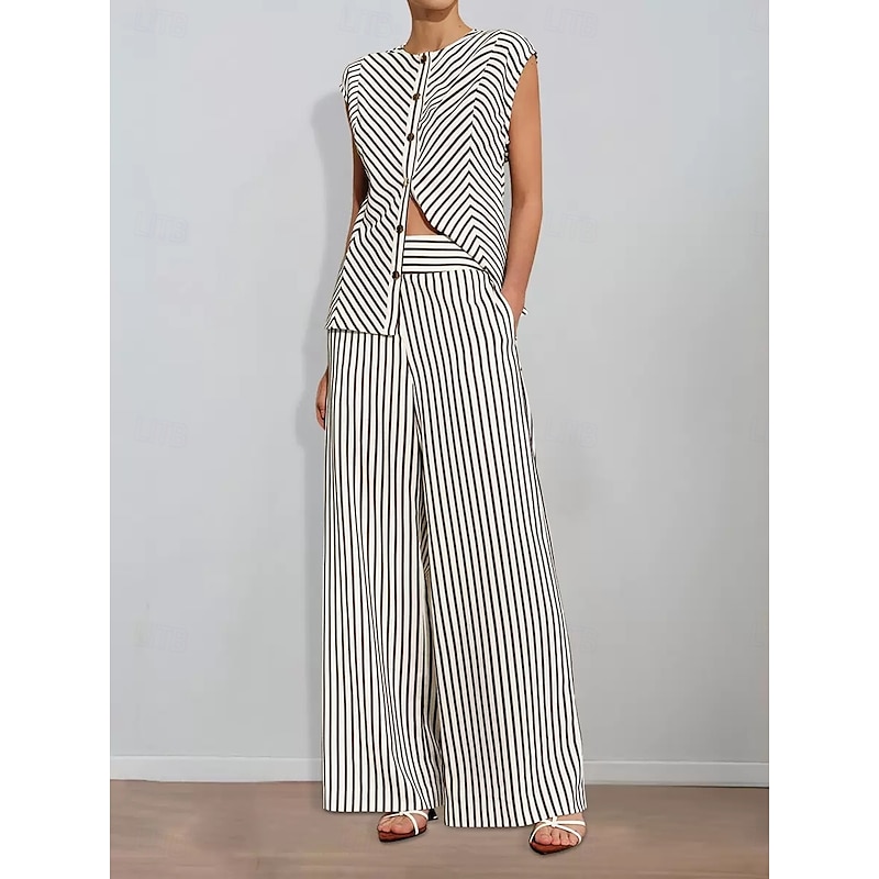 Striped Print Two Piece Pantsuit Mother of the Bride Pantsuit Classic Simple Minimalist Crew Neck Floor Length Metal Buttons Sleeveless with Sash / Ribbon2