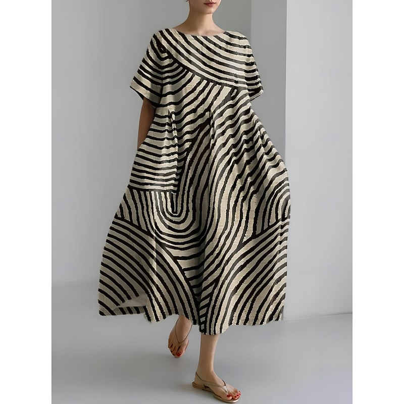 Women's Maxi Dress Sundress A Line Dress Summer Dress Vacation Casual Beach Daily Holiday Going out Loose Fit Graphic Geometric Linen Like Short Sleeve Crew Neck Boat Neck Dark Brown Light Brown