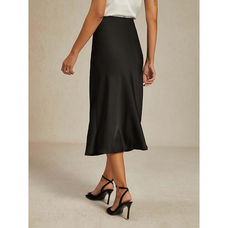 Women's Skirt Elegant Fashion Business Midi Mid Rise Skirts Plain Chiffon Flowy Party Evening Wear WorkWear Black Summer Satin2