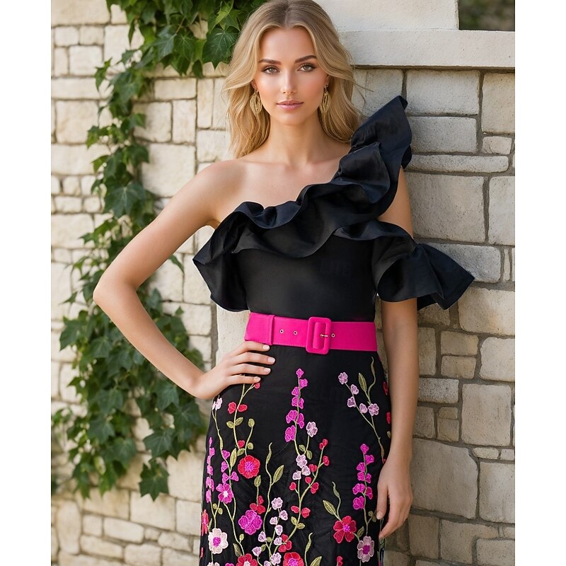 Mermaid / TrumpetBlack Evening Gown Elegant Dress Semi Formal Wedding Floor Length Sleeveless One Shoulder Satin with Ruffles Floral Embroidered Lace2