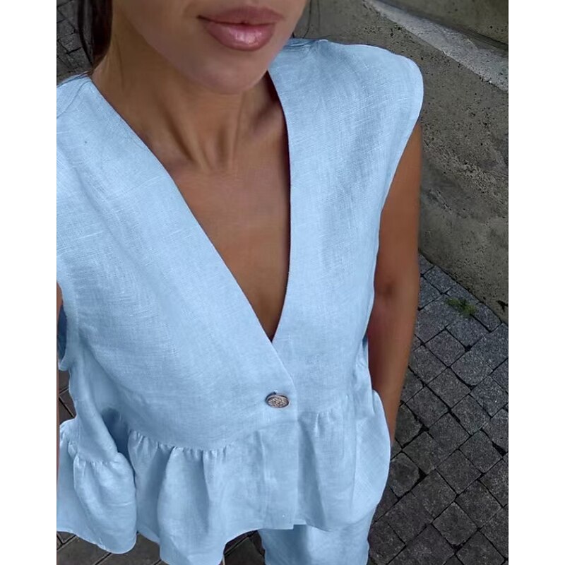 Women's Active Fashion Cotton Linen Sets Blouse Vest Sleeveless V Neck Solid Color Dubbele Rij Knopen Date Casual Daily Black Pink Light Blue Summer Regular Fit2