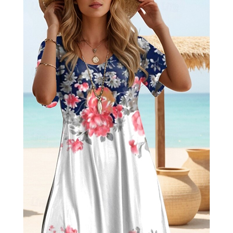 Women's Maxi Dress T Shirt Dress Tee Dress Sundress Shift Dress Summer Dress Bohemia Vintage Party Holiday Beach Regular Fit Floral Vintage Short Sleeve Crew Neck Navy Blue Summer Spring2