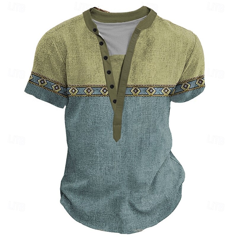 Men's Graphic Geometric Tribal Henley Shirt Short Sleeve 3D Print Fashion Designer Ethnic Street Casual Daily Summer Light Blue Light Green Light Purple Stand Collar Henley Henley T-Shirt3