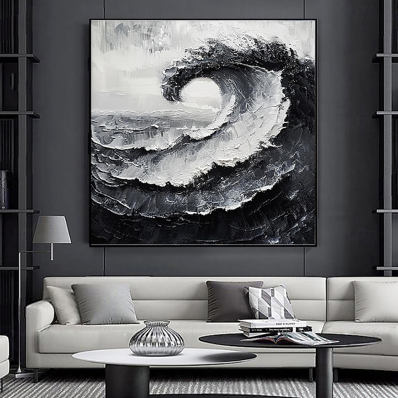Handmade Oil Painting Canvas Wall Art Decoration Modern Abstract Black and White Ocean Wave Landscape for Home Decor Stretched Frame Hanging Painting/Rolled Frameless Unstretched Painting