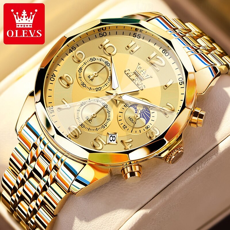 OLEVS 3676 Men's Business Quartz Watch, Stainless Steel, Waterproof, Moon Phase, Elegant Brand Timepiece4