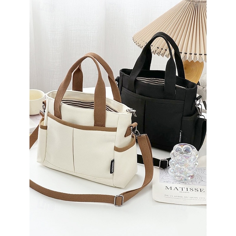 Women's Canvas Tote Shoulder Bag – Casual Two-Tone Handbag with Large Capacity, Multi-Pocket Design, Lightweight Crossbody Purse for Daily Use, Travel & Mom Essentials3