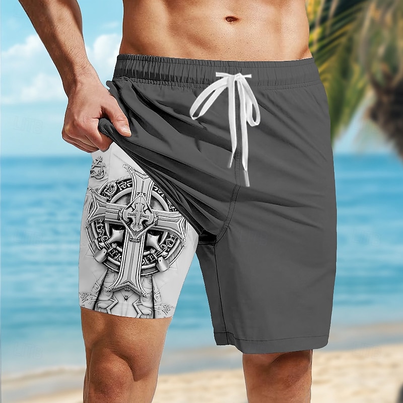 Men's Gothic Horror Dark Celtic Cross Lined Shorts 2 in 1 Board Shorts Swim Shorts Mid Waist Hawaiian Retro Vintage Holiday Streetwear Side Pockets With Compression Liner Elastic Drawstring Waist4