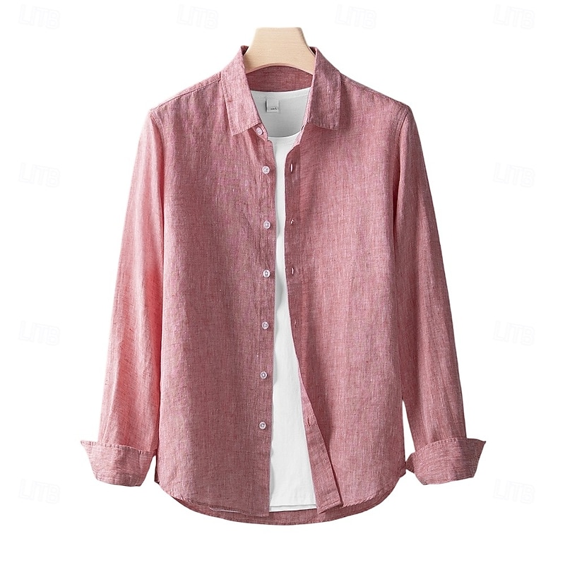 Men's Linen Shirt Button Down Shirt Casual Shirt Solid Color Formal Casual White Light Green Red Dark Navy Long Sleeve Turndown Summer Winter Clothing Apparel Plain3