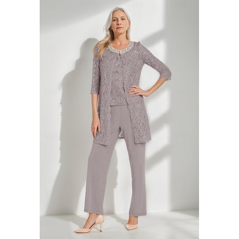 Glitter Lace Pantsuit 3 Piece Mother of the Bride Pantsuit Simple Minimalist Sparkle & Shine Crew Neck Ankle Length Lace Sleeveless Half Sleeve with Pearls Beading