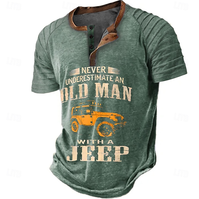 Men's Short Sleeve Henley Graphic T-Shirt: Never Underestimate An Old Man With A Jeep Lifestyle Tee2