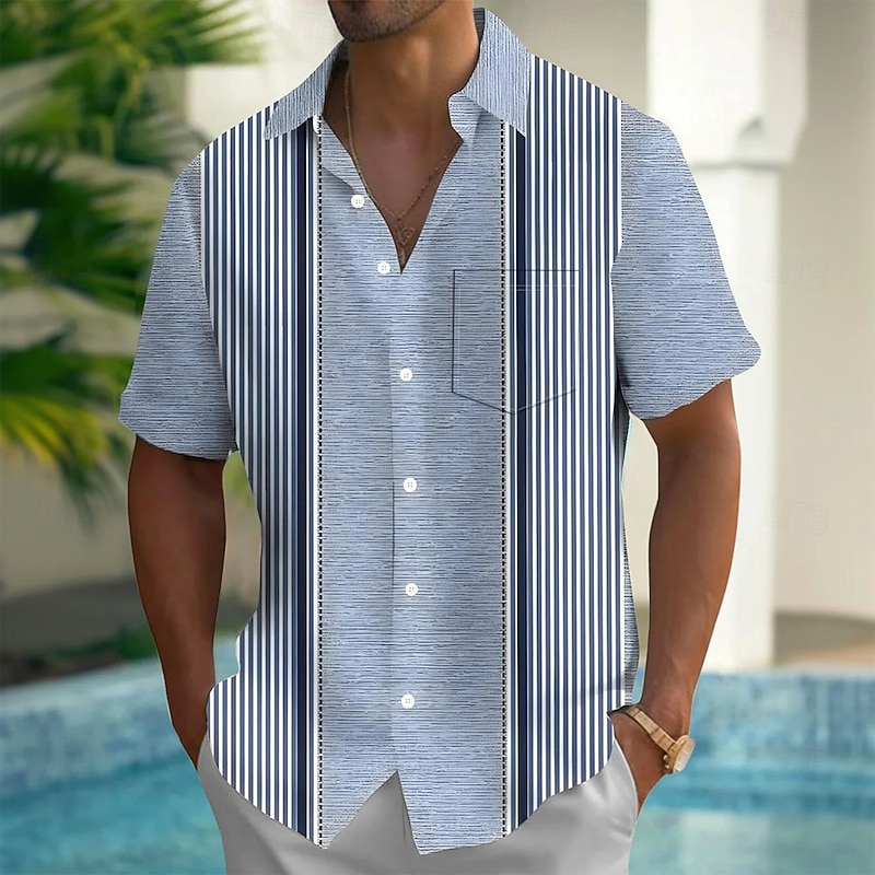 Men's Geometric Striped Shirt Casual Shirt Button Up Shirt Short Sleeve Fashion Casual Outdoor Vacation Dailywear Summer Spring Turndown 3D Print Collared Shirts Front One Pocket Light Blue