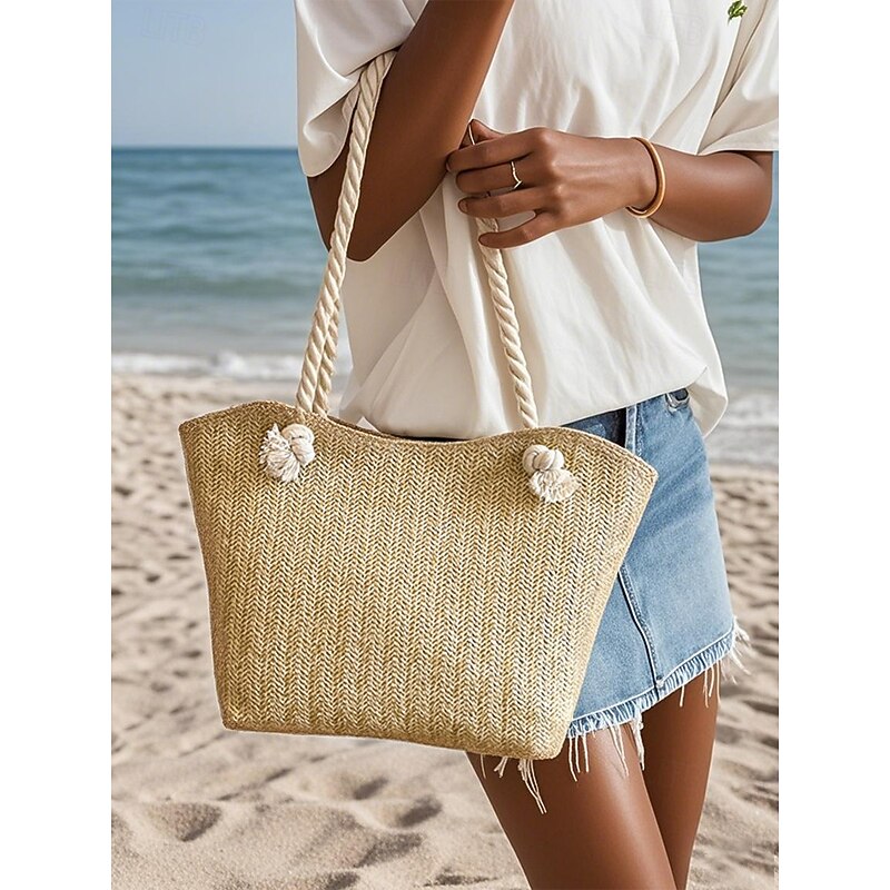 Women's Straw Beach Tote Bag with Rope Handles – Large Summer Handbag for Vacation, Pool, Travel and Casual Outfits Khaki Beige