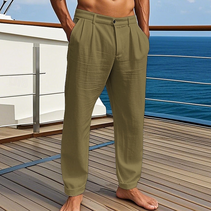 Men's Linen Pants Trousers Summer Pants Beach Pants Pocket Pleats Plain Comfort Breathable Vacation Daily Holiday Hawaiian Boho Black White4