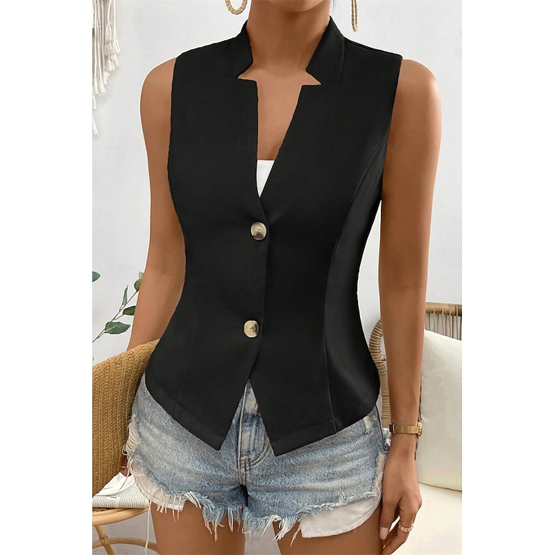 Women's Linen Shirt Blouse Cotton Linen Vest Plain Casual Sleeveless V Neck Regular Tops Daily Going out Buttons Black White Champagne Summer2