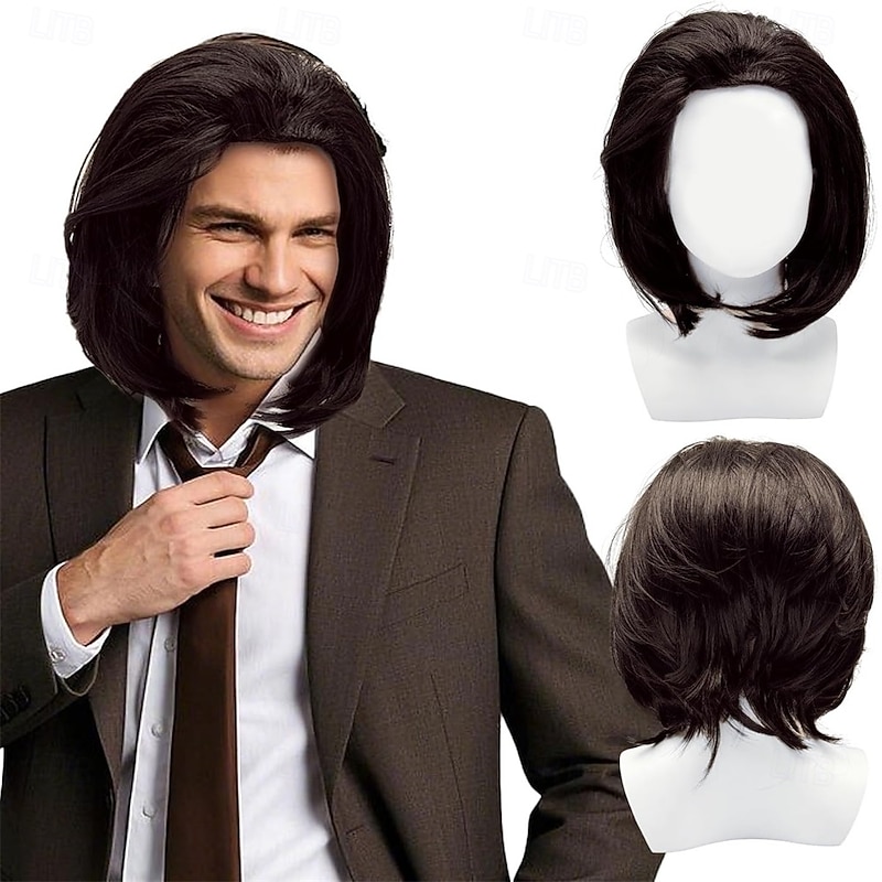 Brown Wig Men Short Mens Wig Fancy Dress Wigs Can Tie into Ponytail Punk Rock 80s 90s men's Costume Wigs for Party Cosplay Halloween Carniva Cosplay
