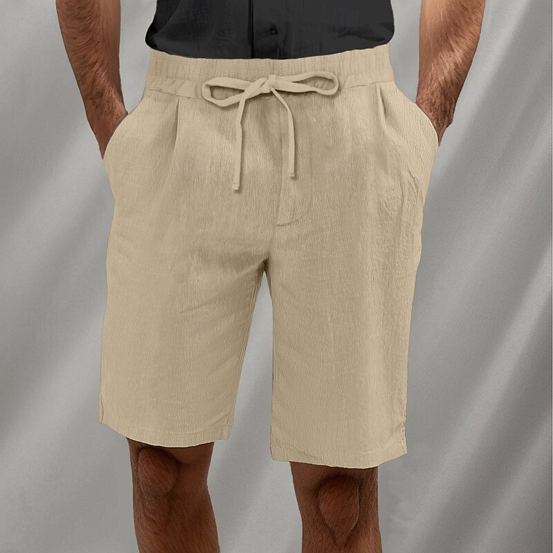 Men's Shorts Linen Shorts Summer Shorts Beach Shorts Drawstring Elastic Waist Pleats Plain Breathable Knee Length Home Yoga Casual Athleisure White Brown