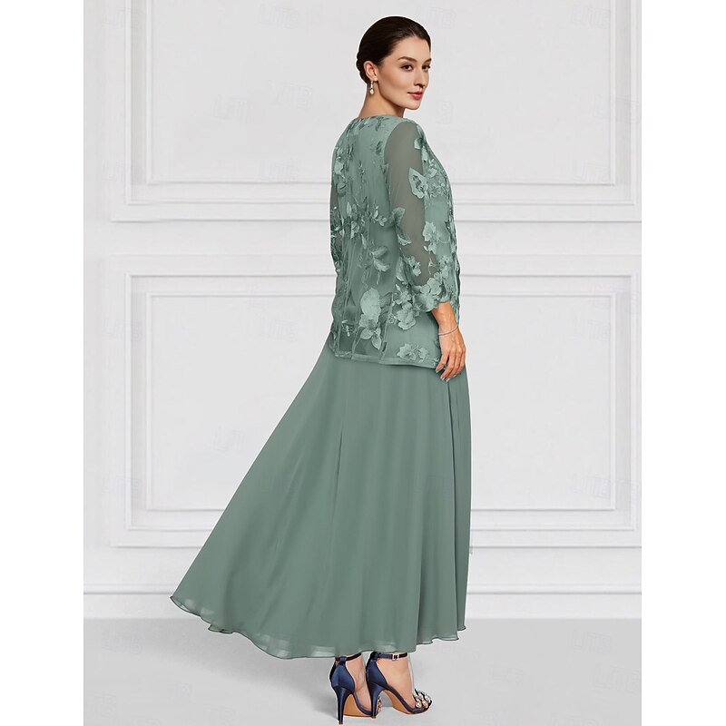 Two Piece Floral Dress Sets Mother of the Bride Elegant Crew Neck Ankle Length Chiffon Long Sleeve with Lace Embroidery3