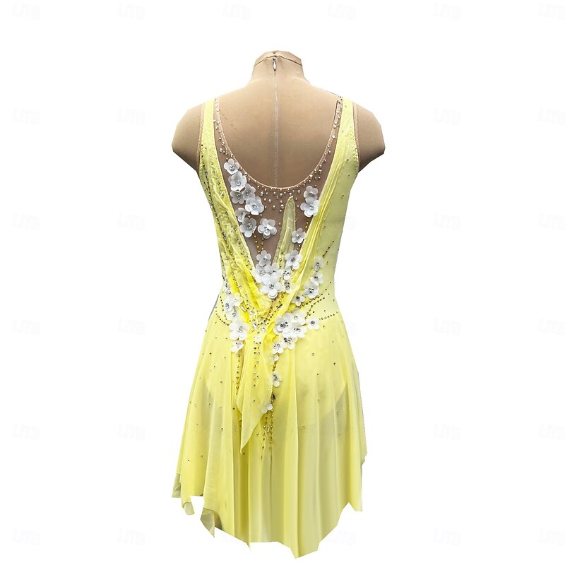 Figure Skating Dress Women's Girls' Ice Skating Dress Light Yellow Thumbhole Halo Dyeing High Elasticity Professional Competition Skating Wear Thermal Warm Crystal / Rhinestone Sleeveless Ice Skating2