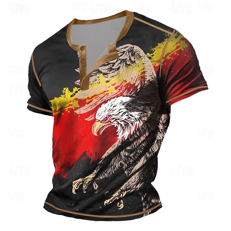 Men's Eagle Henley Shirt Tee Short Sleeve Vintage Fashion Designer Outdoor Casual Daily Summer Spring &  Fall Black Gray Navy Blue Henley Henley T-Shirt
