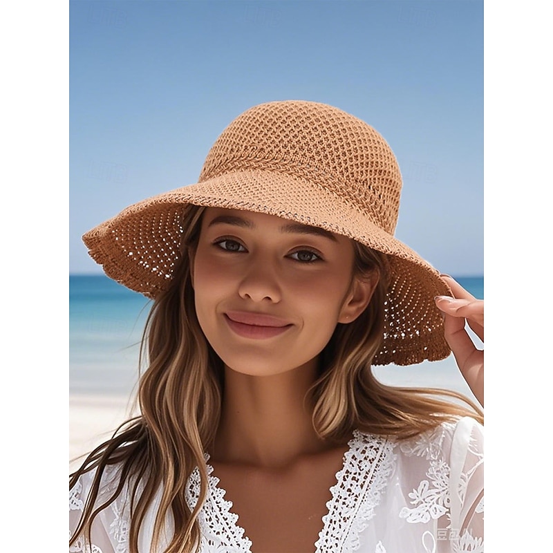 Women's Wide Brim Foldable Straw Sun Hat with Black Bow – Elegant Beach Vacation UV Protection Hat for Summer Travel and Outdoor Wear3