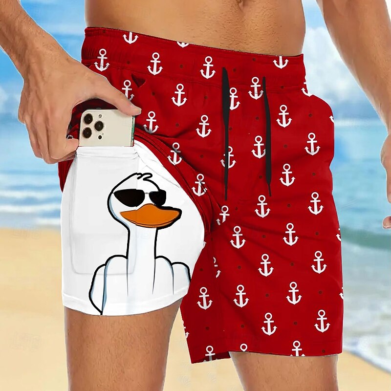 Men's Anchor Funny Duck Lined Shorts 2 in 1 Board Shorts Swim Shorts Mid Waist Hawaiian Vacation Holiday Beach Wear Side Pockets With Compression Liner Elastic Drawstring Waist Designer Clothing4