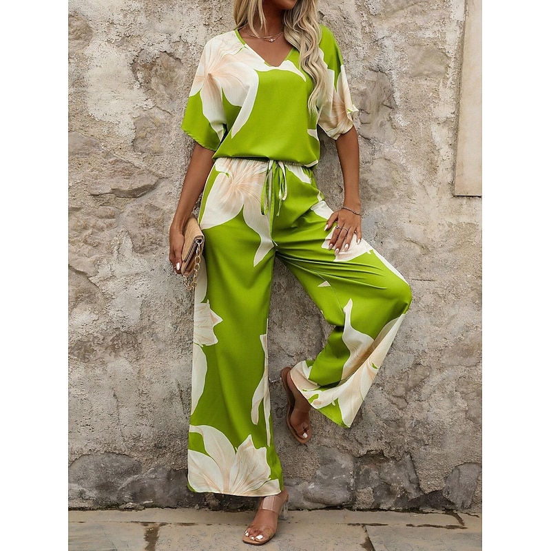 Women EU / US Size2 Pieces SetsFashion Pants Sets Half Sleeve Lantern Sleeve V Neck Graphic Print Casual Black Yellow Red Spring & Summer Loose Fit