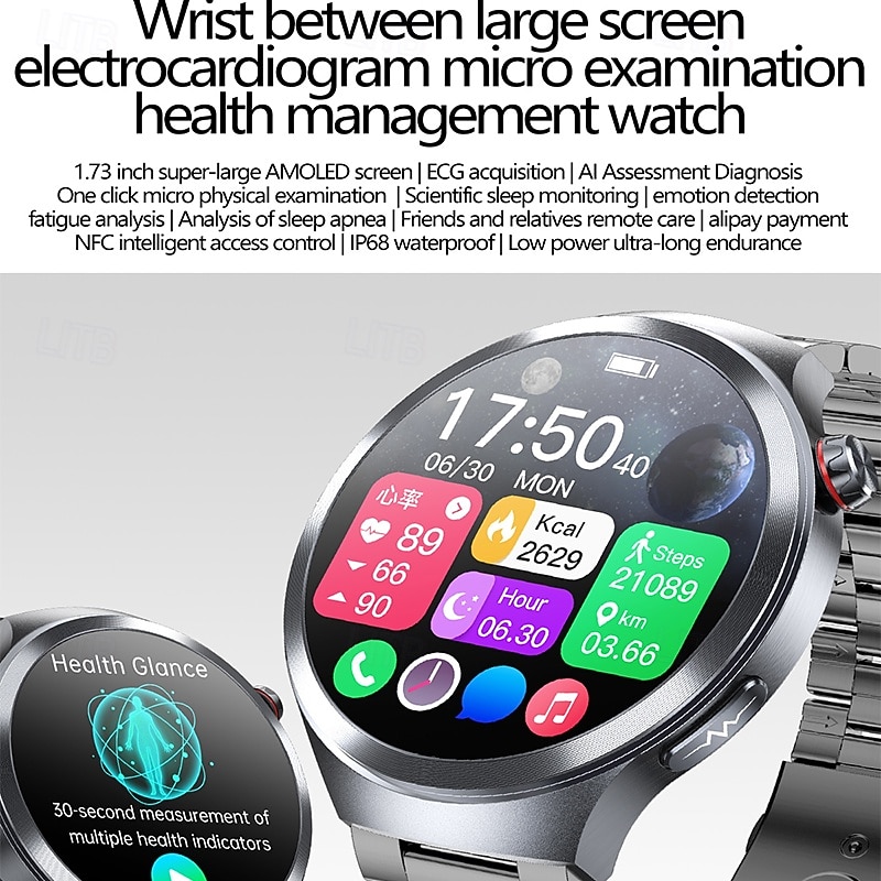 iMosi ET475 Smart Watch 1.73 inch Smartwatch Fitness Running Watch Bluetooth ECG+PPG Temperature Monitoring Pedometer Compatible with Android iOS Women Men Long Standby Hands-Free Calls Waterproof3